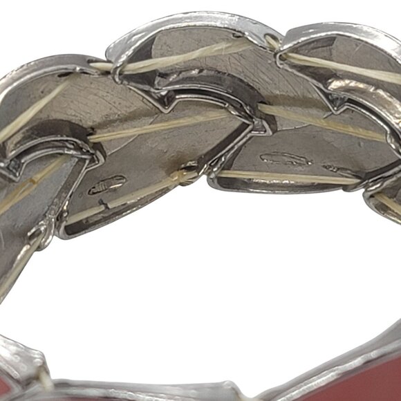 Orange Enamel & Silver-Tone Vintage Braided Stretch Bracelet Retro Jewelry - Picture 5 of 6